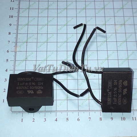 Tụ quạt CBB61 1uF 450VAC 1uF450V1uF 2 dây; Mã: CBB61-1uF450VAC; Dùng cho: vật tư quạt điện, vật tư điều hòa; Tag: tụ quạt 1uF 450VAC, tụ điều hòa 1uF 450VAC