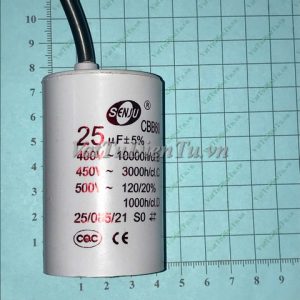 Tụ khởi động tụ CBB60 25UF 450V 25UF SENJU; Mã: CBB60-25UF450V; Kiểu chân: 2 dây; Xuất xứ: Hàng mới