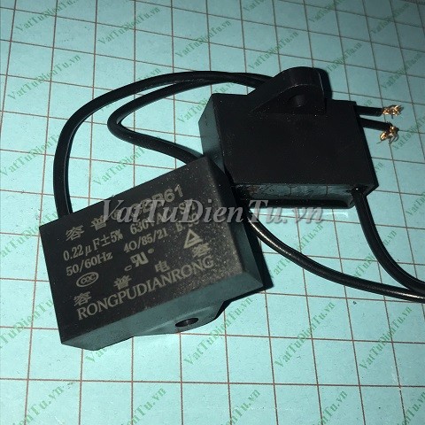 Tụ 0.22uF 630VAC 2 dây; Mã: CBB61-022uF630VAC; Dùng cho: vật tư quạt điện, vật tư điều hòa; Tag: tụ quạt 0.22uF 450VAC, tụ điều hòa 0.22uF 630VAC