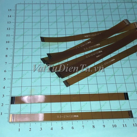 AWM-27-03-120-A Cáp thuận FFC/FPC 27P 0.3mm dài 120mm; Mã: AWM-27-03-120-A; Số chân, pin (P): 27Pin; Bước chân, khoảng cách giữa tâm 2 chân: 0.3mm; Tổng chiều dài: 120mm; Tổng chiều rộng: 8.4mm