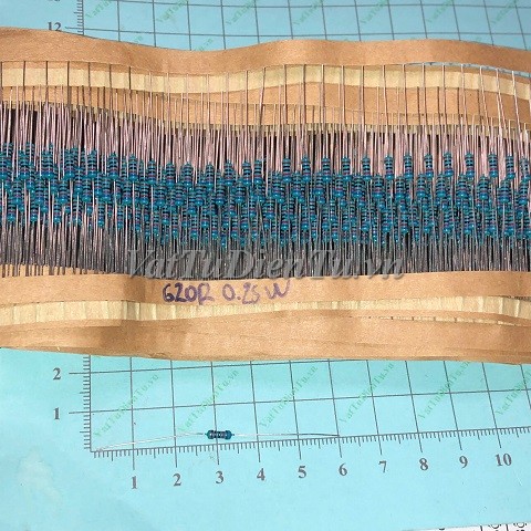 Điện trở 620R 0.25W 620R0.25W620R sai số 1%; Mã: R620R025W; Xuất xứ: Hàng mới