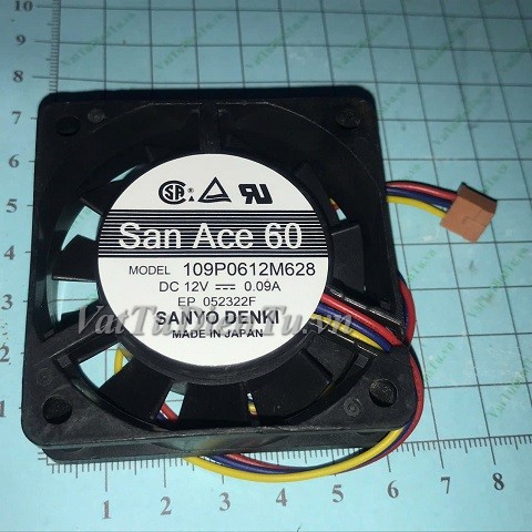 109P0612M628 Quạt tản nhiệt 12V 0.09A 60x60x15mm SANYO 3 dây đầu cắm JAE2.54mm; Mã: 109P0612M628; Thương hiệu: SANYO; Xuất xứ: Hàng mới
