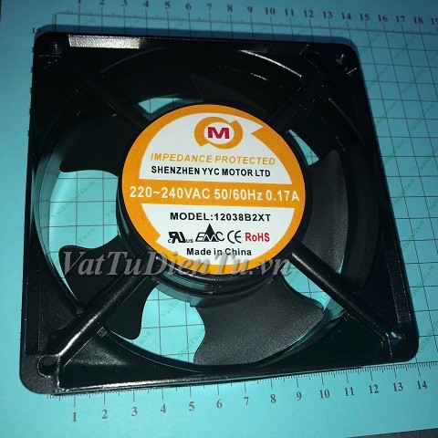 12038B2XT Quạt tản nhiệt 220V 0.17A 120x120x38mm YYC 2 dây; Mã: 12038B2XT; Thương hiệu: YYC; Chất liệu: Kim loại (khung, vỏ); Xuất xứ: Hàng mới