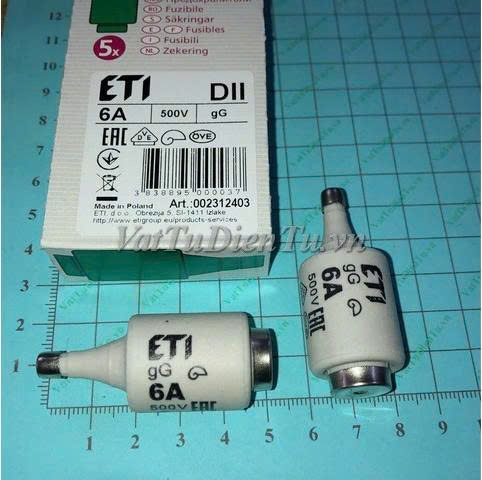 2312403-01 Cầu chì ETI 6A 500V, cầu chì sứ 6A 500V; Mã: ETI-6A; Xuất xứ: Hàng mới