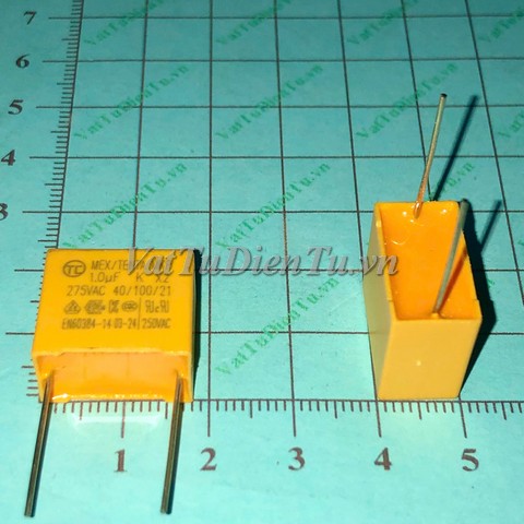 Tụ 1uF 275V 105K MEX MKP-X2 22mm; Mã: C1UF275V105K; Kiểu chân: cắm