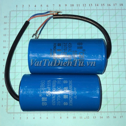 Tụ khởi động tụ CBB60 55UF 450VAC 50x100MM; Mã: CBB60-55UF450VAC; Kiểu chân: 2 dây; Xuất xứ: Hàng mới