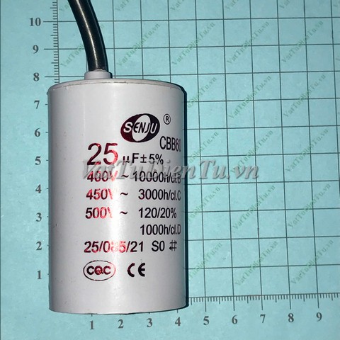 Tụ khởi động tụ CBB60 25UF 450V 25UF SENJU; Mã: CBB60-25UF450V; Kiểu chân: 2 dây; Xuất xứ: Hàng mới