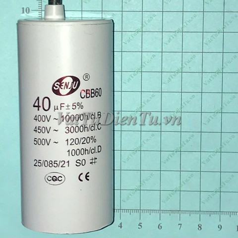 Tụ khởi động tụ CBB60 40UF 450V 40UF SENJU; Mã: CBB60-40UF450V; Kiểu chân: 2 dây; Xuất xứ: Hàng mới