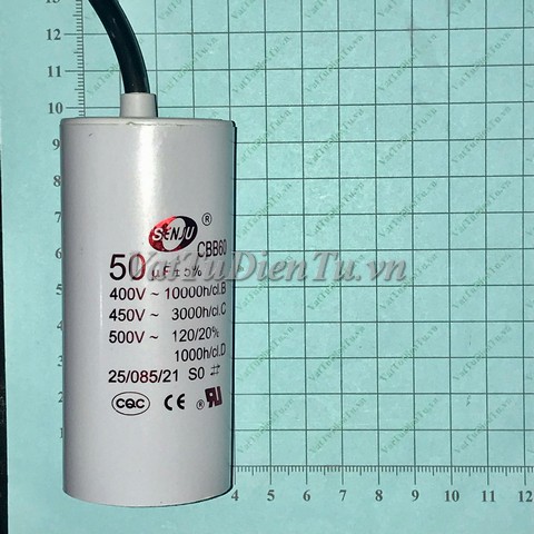 Tụ khởi động tụ CBB60 50UF 450V 50UF SENJU; Mã: CBB60-50UF450V; Kiểu chân: 2 dây; Xuất xứ: Hàng mới