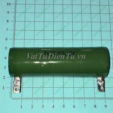 RX20-10KJ50W Điện trở sứ xanh 10K 50W 10KJ L51xD21xd12mm (điện trở phanh, điện trở hãm ZG11); Mã: RX20-50W10KJ; Kiểu chân: 2 đầu cắm hàn; Xuất xứ: Hàng mới
